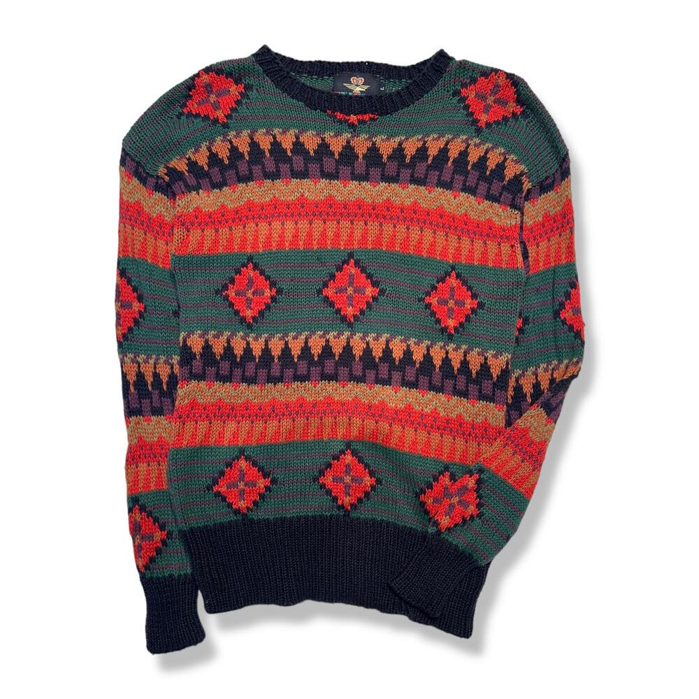 Vintage Geometric RAF Knit Sweater. Green & Orange Size Large. Royal Air Force
